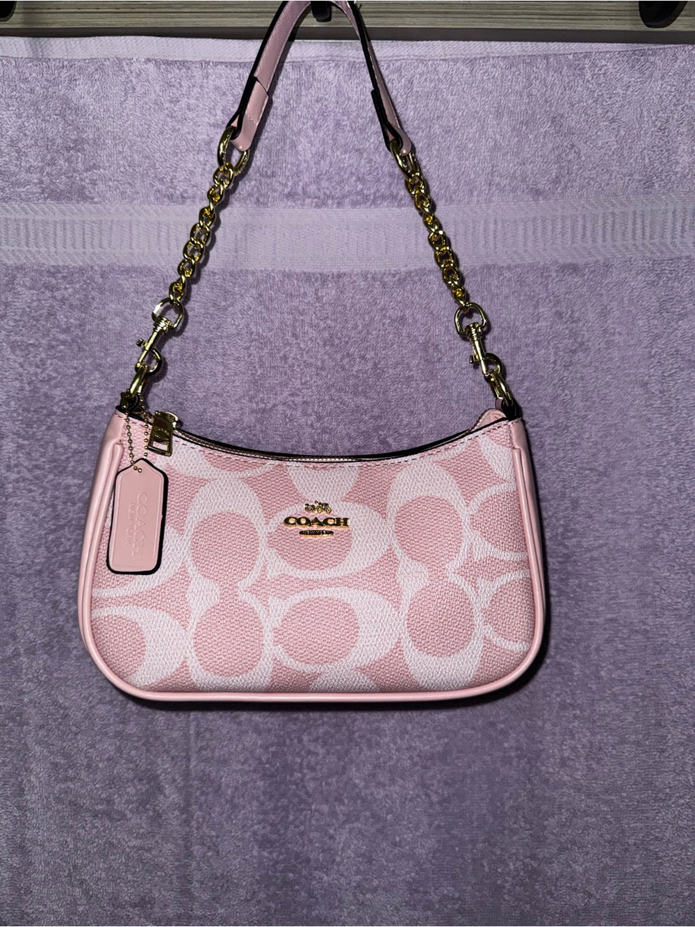 Coach Pink Signature Canvas Shoulder Bag with Gold Hardware Accent